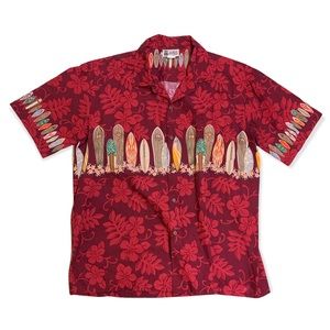 Vintage Aloha Republic Mens Red Floral Surfboard Cotton Camp Shirt, Size XL